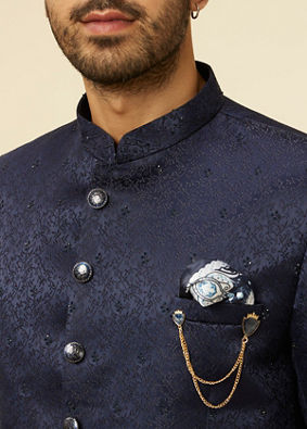 alt message - Manyavar Men Dark Blue Bel Buti Patterned Jodhpuri Suit image number 1